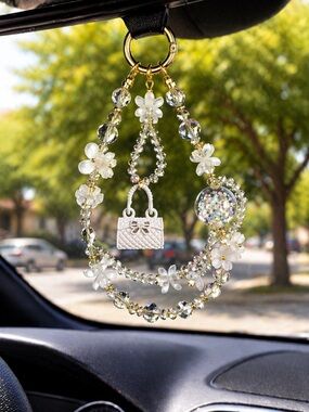 Crystal White Flower Charm Bracelet with Handbag Pendant